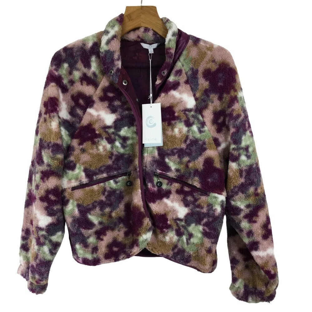 Calme Womens Printed Floral Fleece Jacket Purple Small NWT $188